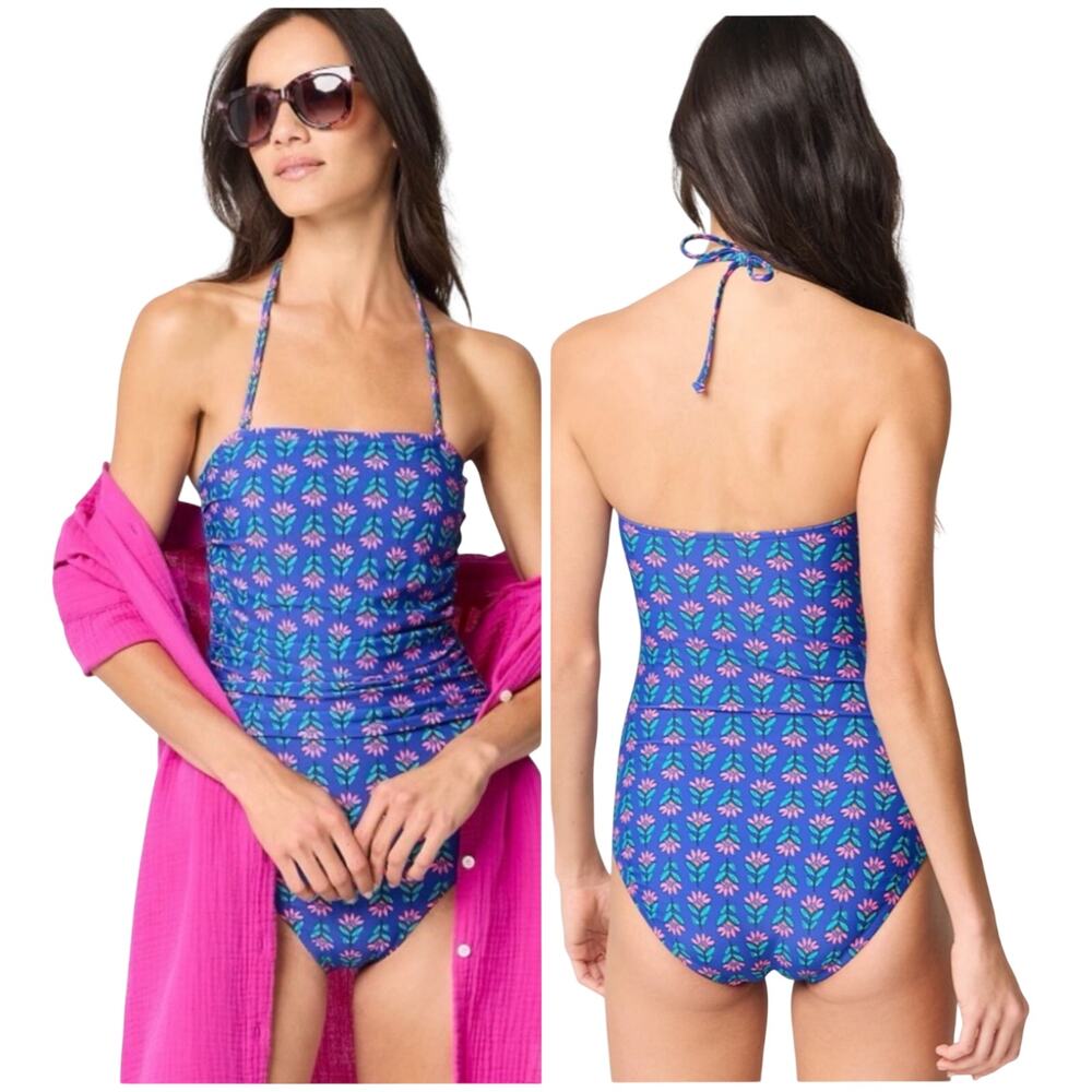 J.Crew NWT Floral Strapless Bandeau One-piece Swimsuit BD861 Size XXS Blue Pink